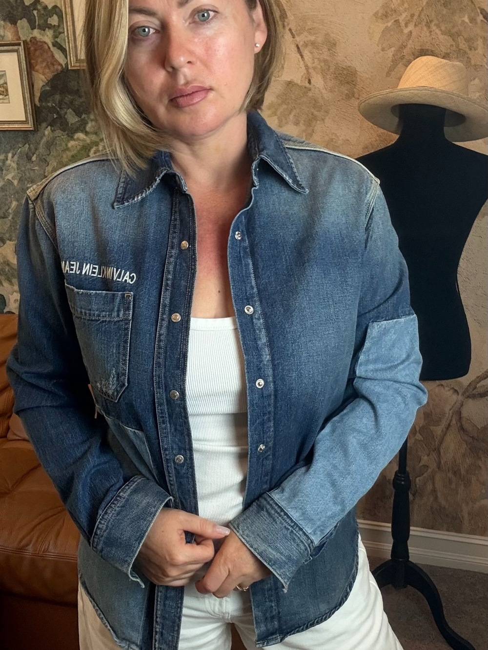 Calvin Klein Jeans Patchwork Denim Shirt Jacket - Blue S Woman